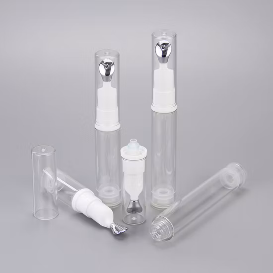 Двойные стенки 7,5 мл 10 мл 15 мл Прозрачная пластиковая бутылка для крема для глаз San безвоздушного типа с аппликатором из цинкового сплава для защиты от